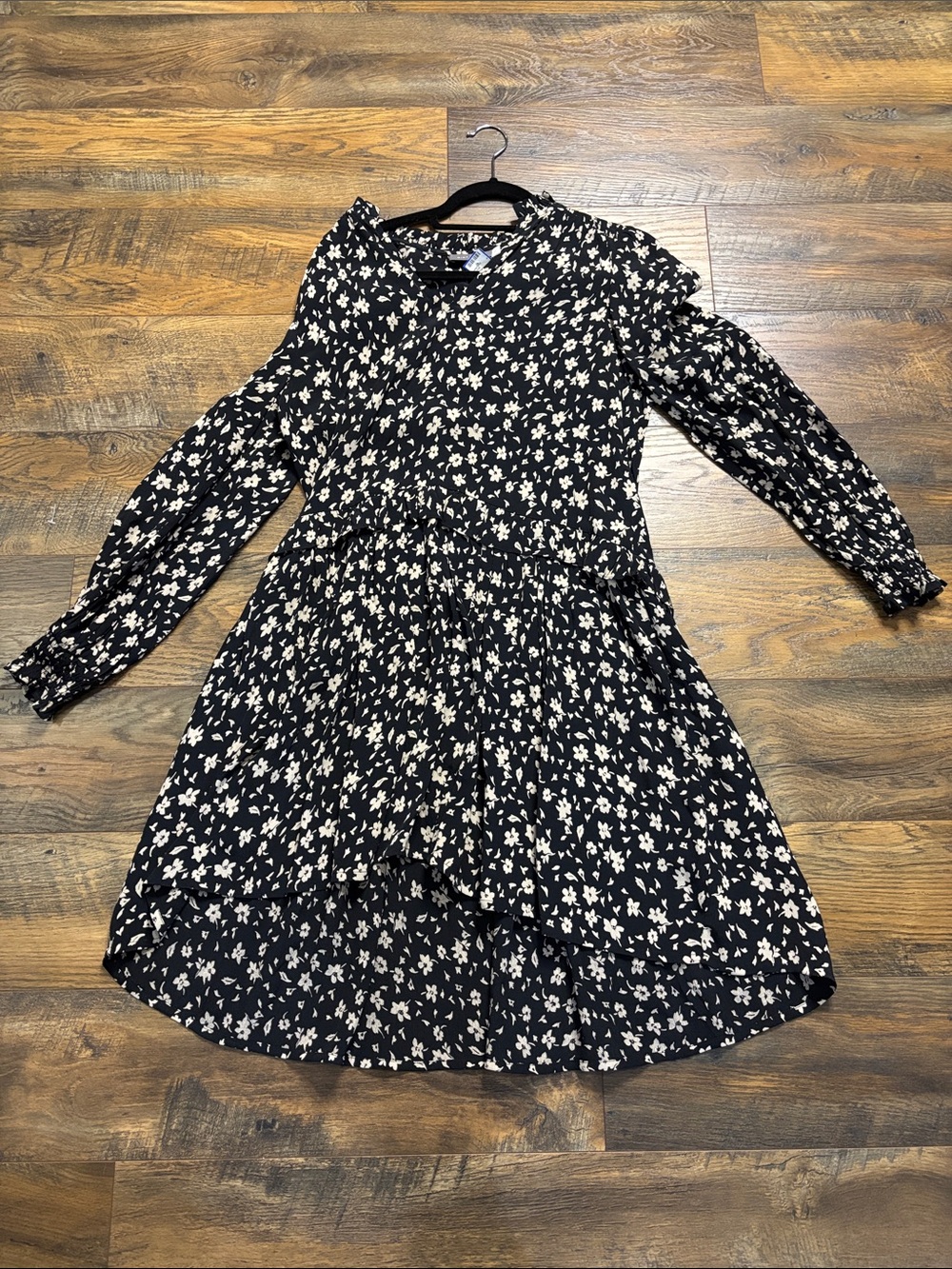 Black and Ivory Floral Tiered Mini Dress - Women